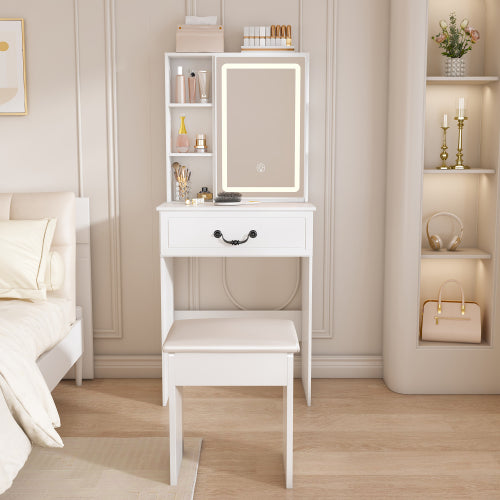 Modern Mini Dressing Table with LED-lit Mirror & Hidden Storage,Includes Padded Stool,Adjustable Brightness Vanity Desk,Multi-tier Dust Modern Mini Dressing Table with LED-lit Mirror & Hidden Storage,Includes Padded Stool,Adjustable Brightness Vanity Desk,Multi-tier Dust