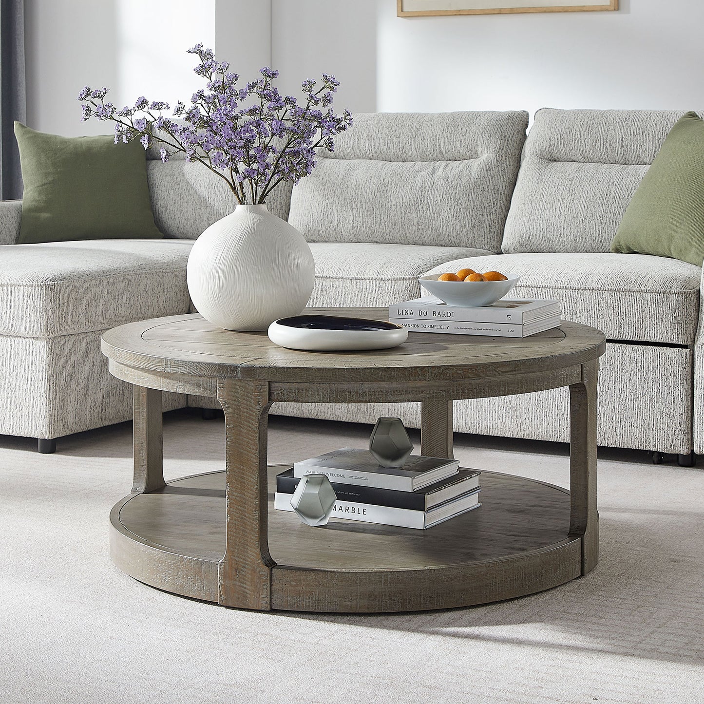 Bezzze 40inch Large Curved 2 Tier Traditional Round Circle Wooden Center Coffee Table,Rounded Table with Wheels,Mid Century Rustic Style Table for Living Room,Office,Apartment