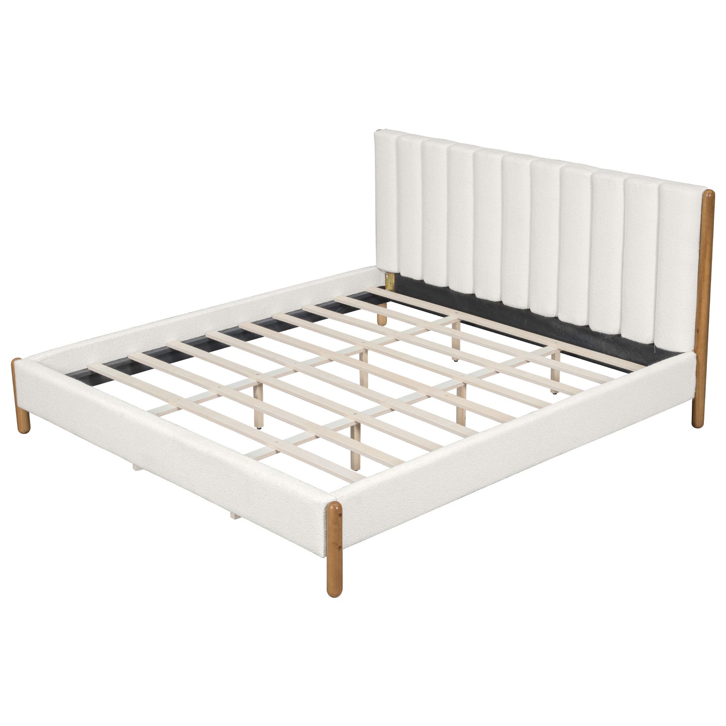 Bezzze King Size Bed Frame with Upholstered Thick Headboard, Solid Wooden Legs, White