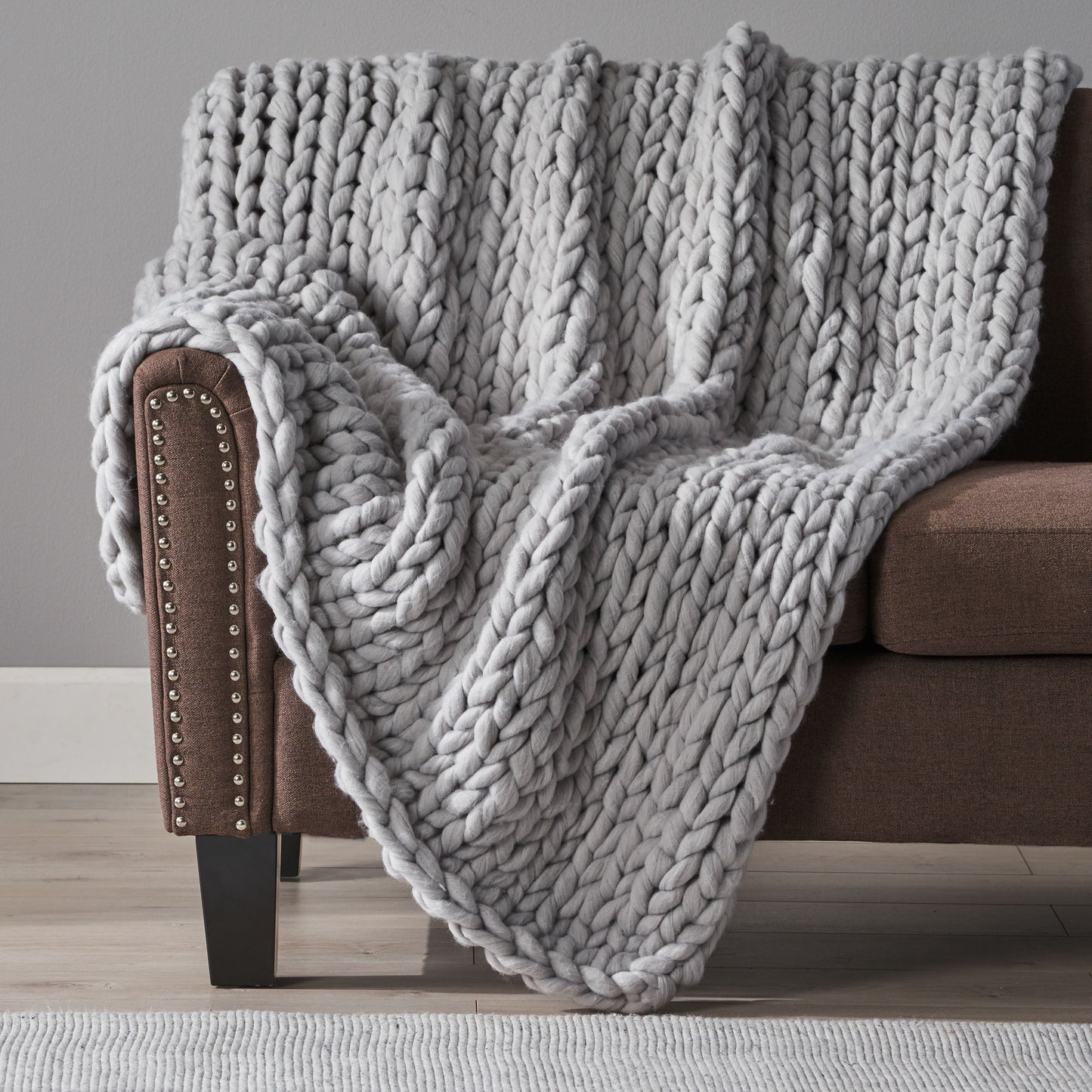 Bezzze Knit Throw, Solid Neutral Vibe Textured Blanket for Home Decor, 50 x 60 in, Light Grey