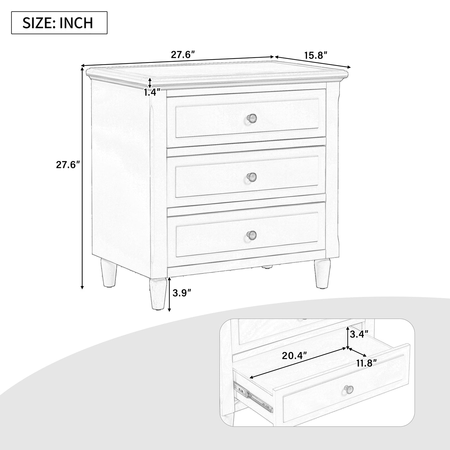 Bezzze 28''painted Nightstand with 3 Drawers and Smooth Gliding Rails ,Simple Bedside Cabinet with Metal handle, Minimalist Sofa Side Table with rubber legs for Bedroom Sofa Couch Office