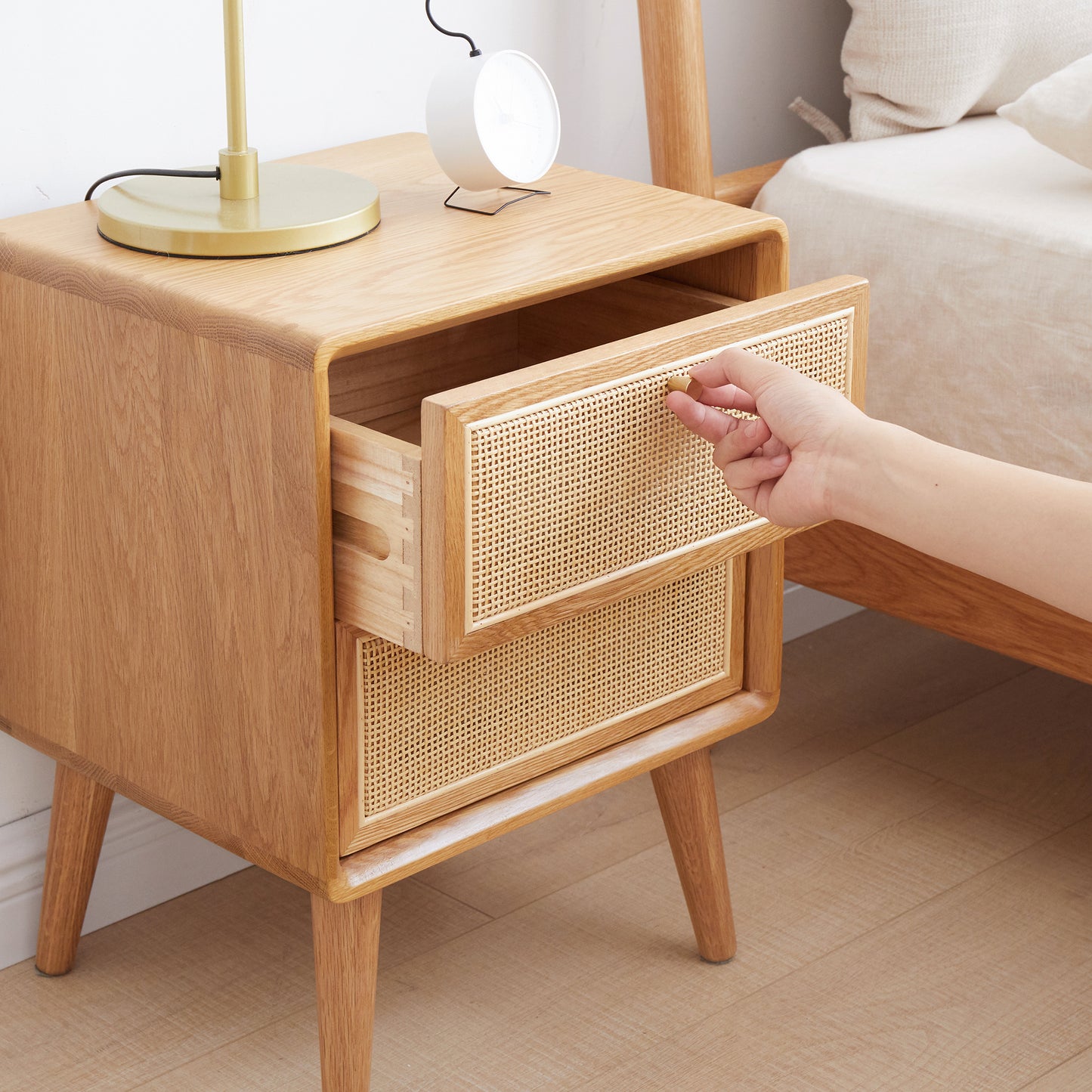 Bezzze Mid Century Modern Nightstands, Bedside Table with Rattan Decor Drawer, Boho End Table with Storage & Solid Wood Legs for Bedroom