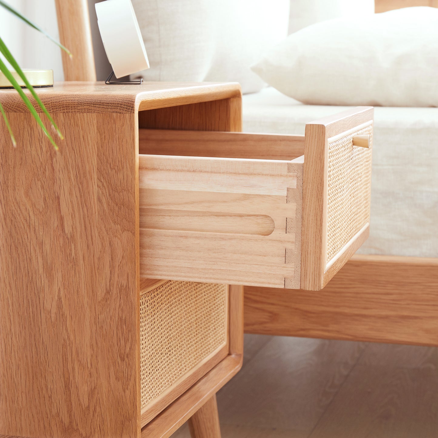 Bezzze Mid Century Modern Nightstands, Bedside Table with Rattan Decor Drawer, Boho End Table with Storage & Solid Wood Legs for Bedroom