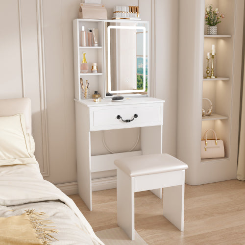 Modern Mini Dressing Table with LED-lit Mirror & Hidden Storage,Includes Padded Stool,Adjustable Brightness Vanity Desk,Multi-tier Dust-proof Shelves,White