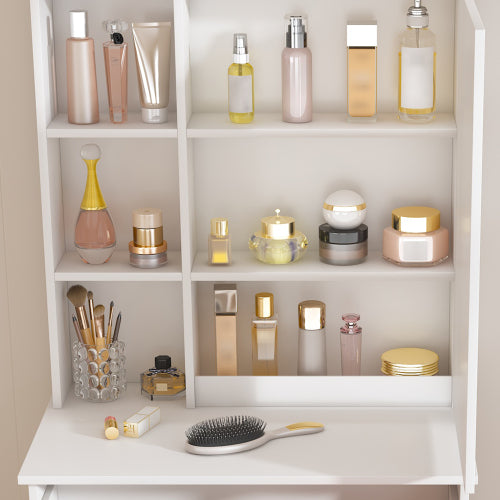 Modern Mini Dressing Table with LED-lit Mirror & Hidden Storage,Includes Padded Stool,Adjustable Brightness Vanity Desk,Multi-tier Dust-proof Shelves,White