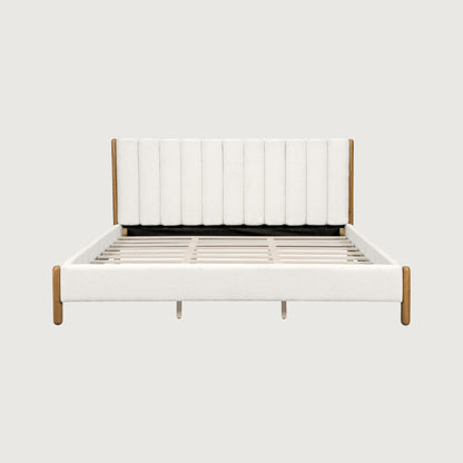 Bezzze King Size Bed Frame with Upholstered Thick Headboard, Solid Wooden Legs, White
