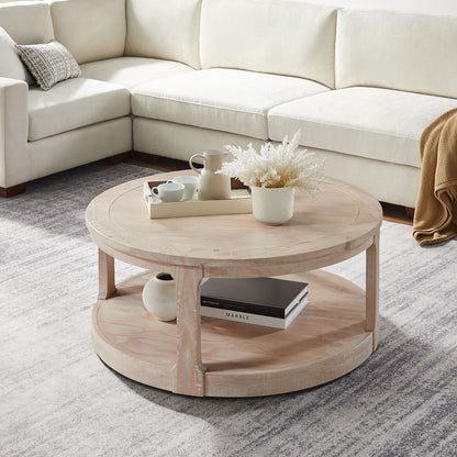 Bezzze 40inch Large Curved 2 Tier Traditional Round Circle Wooden Center Coffee Table,Rounded Table with Wheels,Mid Century Rustic Style Table for Living Room,Office,Apartment