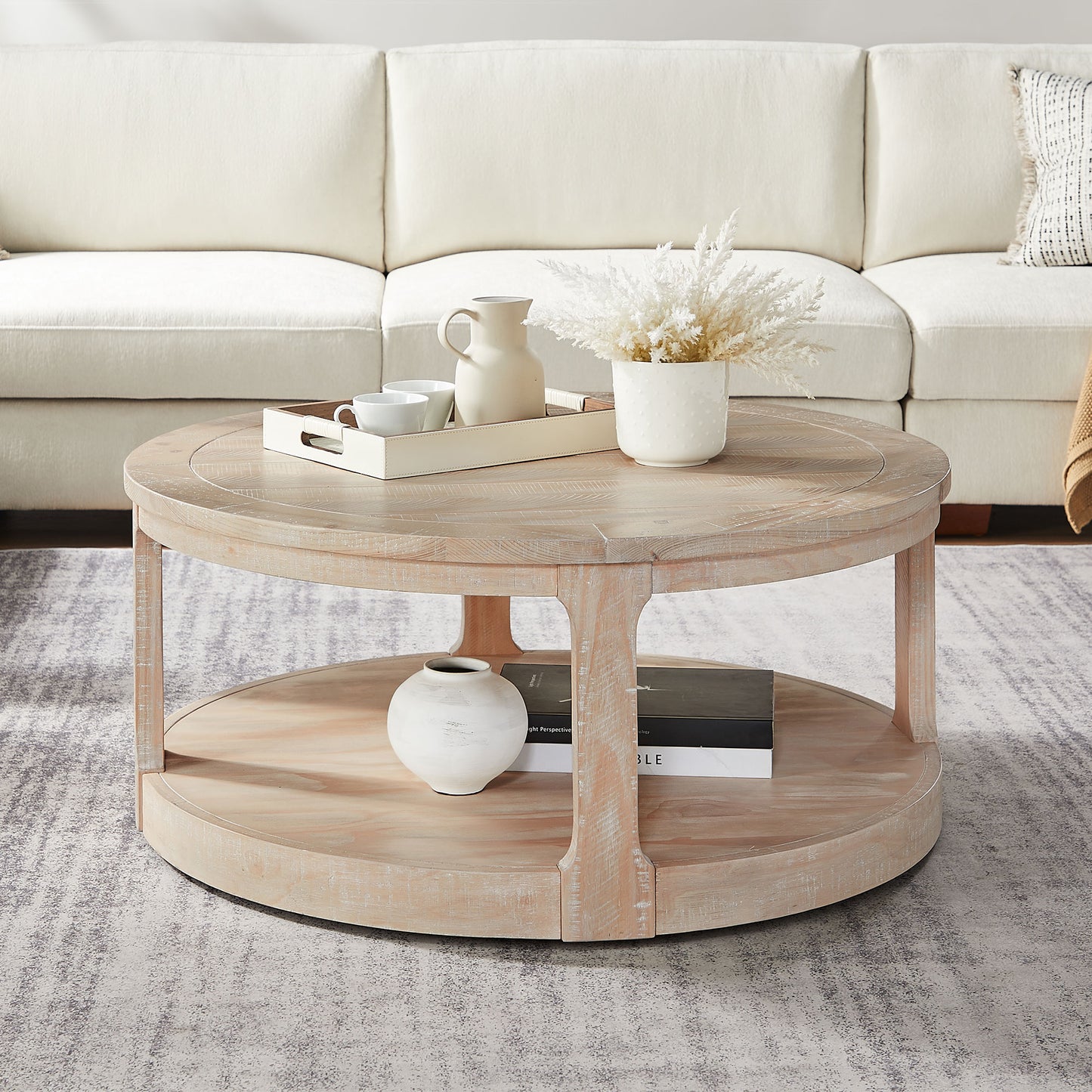 Bezzze 40inch Large Curved 2 Tier Traditional Round Circle Wooden Center Coffee Table,Rounded Table with Wheels,Mid Century Rustic Style Table for Living Room,Office,Apartment