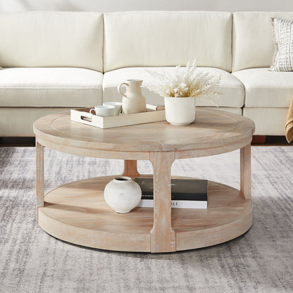 Bezzze 40inch Large Curved 2 Tier Traditional Round Circle Wooden Center Coffee Table,Rounded Table with Wheels,Mid Century Rustic Style Table for Living Room,Office,Apartment