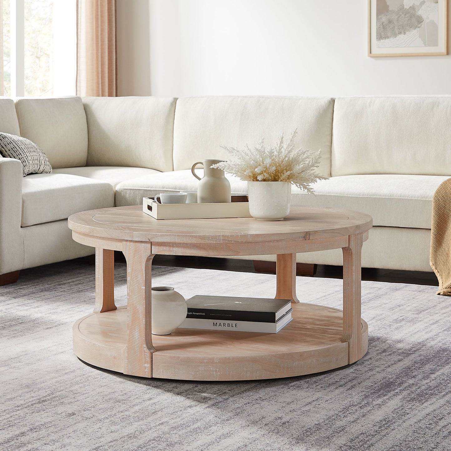 Bezzze 40inch Large Curved 2 Tier Traditional Round Circle Wooden Center Coffee Table,Rounded Table with Wheels,Mid Century Rustic Style Table for Living Room,Office,Apartment