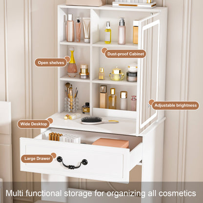 Modern Mini Dressing Table with LED-lit Mirror & Hidden Storage,Includes Padded Stool,Adjustable Brightness Vanity Desk,Multi-tier Dust-proof Shelves,White