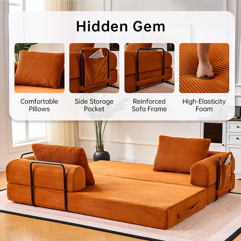 Oversized Plush “79'' 5-in-1 Boneless Convertible Sleeper Sofa Bed & loft bed | Ultra Soft Corduroy Cloud Couch with Huge Side Pocket | 4 Versatile Modes for Small Spaces - Guest Ready in Seconds & No Assembly!