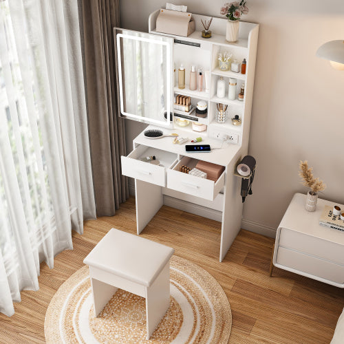 Bezzze Small Makeup Vanity Desk with Mirror & Adjustable LED Lights,Built-in Power Outlet & Hidden Storage, Includes padded stool & Shelf,Space-Saving Dressing Table for Small Bedrooms,White