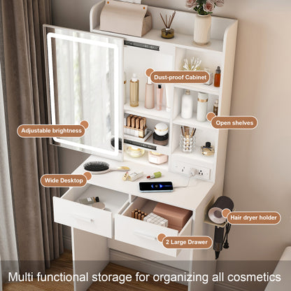 Bezzze Small Makeup Vanity Desk with Mirror & Adjustable LED Lights,Built-in Power Outlet & Hidden Storage, Includes padded stool & Shelf,Space-Saving Dressing Table for Small Bedrooms,White
