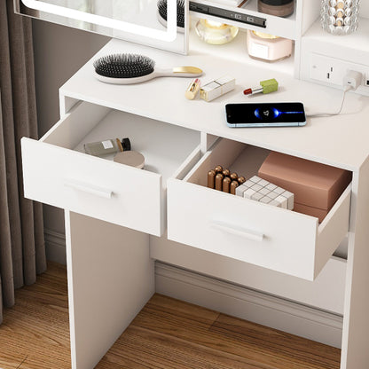 Bezzze Small Makeup Vanity Desk with Mirror & Adjustable LED Lights,Built-in Power Outlet & Hidden Storage, Includes padded stool & Shelf,Space-Saving Dressing Table for Small Bedrooms,White