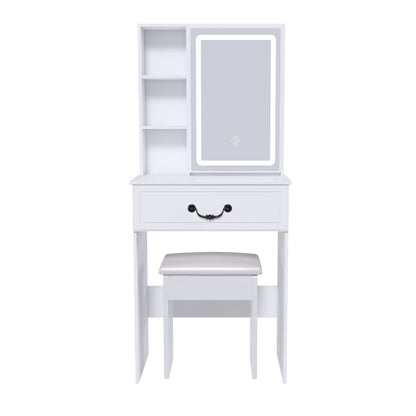 Modern Mini Dressing Table with LED-lit Mirror & Hidden Storage,Includes Padded Stool,Adjustable Brightness Vanity Desk,Multi-tier Dust-proof Shelves,White