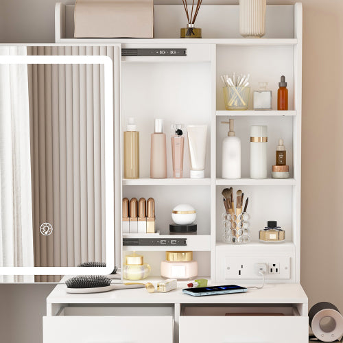 Bezzze Small Makeup Vanity Desk with Mirror & Adjustable LED Lights,Built-in Power Outlet & Hidden Storage, Includes padded stool & Shelf,Space-Saving Dressing Table for Small Bedrooms,White