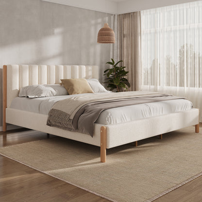 Bezzze King Size Bed Frame with Upholstered Thick Headboard, Solid Wooden Legs, White
