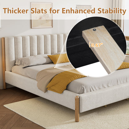 Bezzze King Size Bed Frame with Upholstered Thick Headboard, Solid Wooden Legs, White