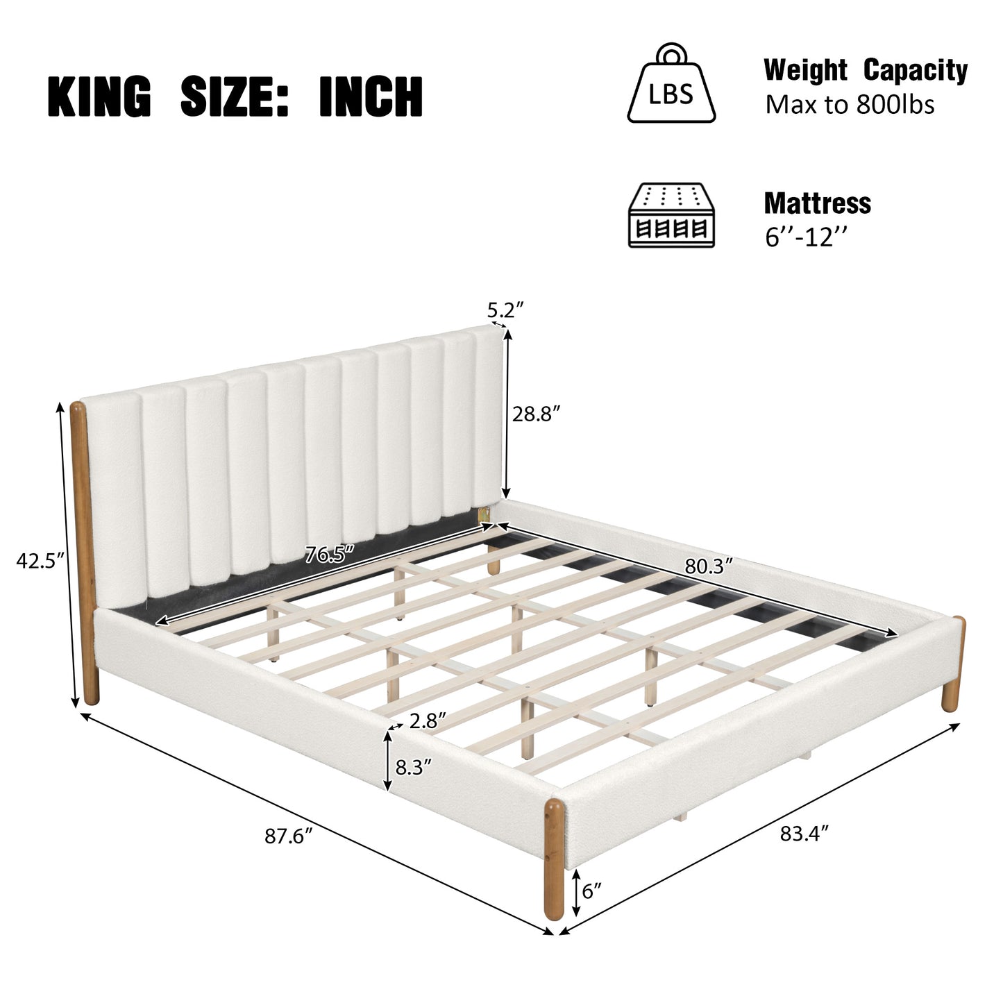 Bezzze King Size Bed Frame with Upholstered Thick Headboard, Solid Wooden Legs, White