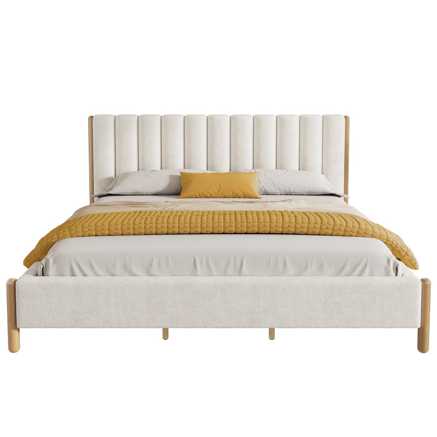 Bezzze King Size Bed Frame with Upholstered Thick Headboard, Solid Wooden Legs, White