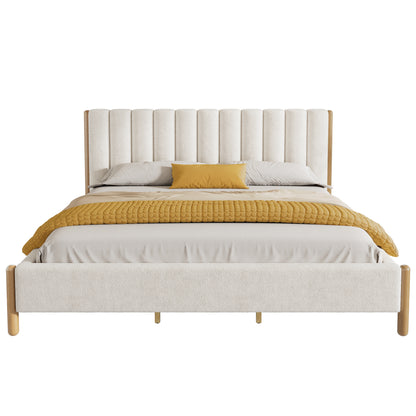 Bezzze King Size Bed Frame with Upholstered Thick Headboard, Solid Wooden Legs, White