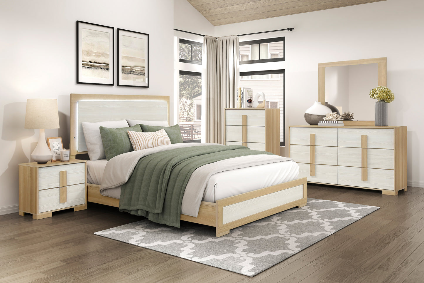 Bezzze Bed Frame, Contemporary Natural and White Finish, Queen Size