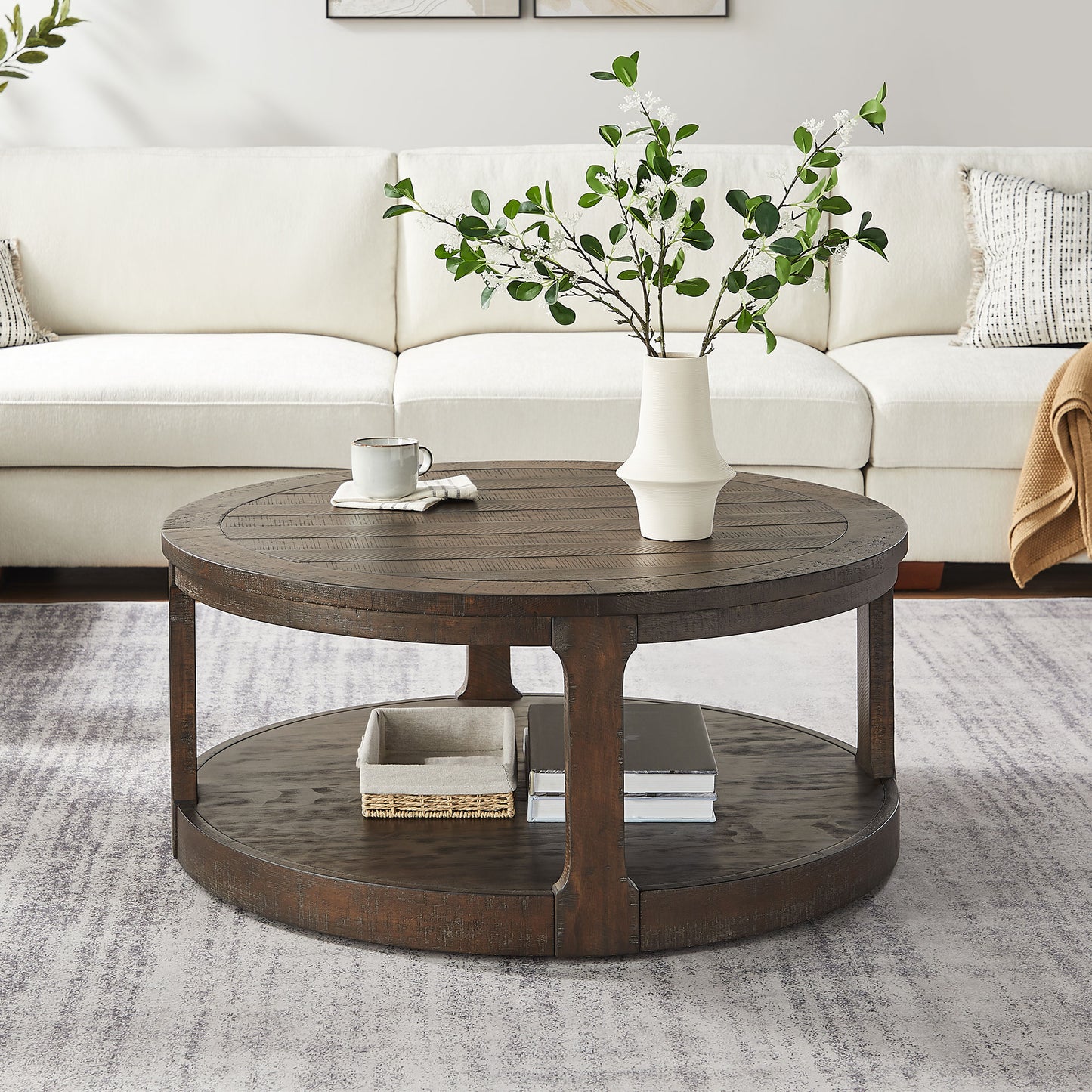 Bezzze 40inch Large Curved 2 Tier Traditional Round Circle Wooden Center Coffee Table,Rounded Table with Wheels,Mid Century Rustic Style Table for Living Room,Office,Apartment