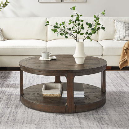 Bezzze 40inch Large Curved 2 Tier Traditional Round Circle Wooden Center Coffee Table,Rounded Table with Wheels,Mid Century Rustic Style Table for Living Room,Office,Apartment