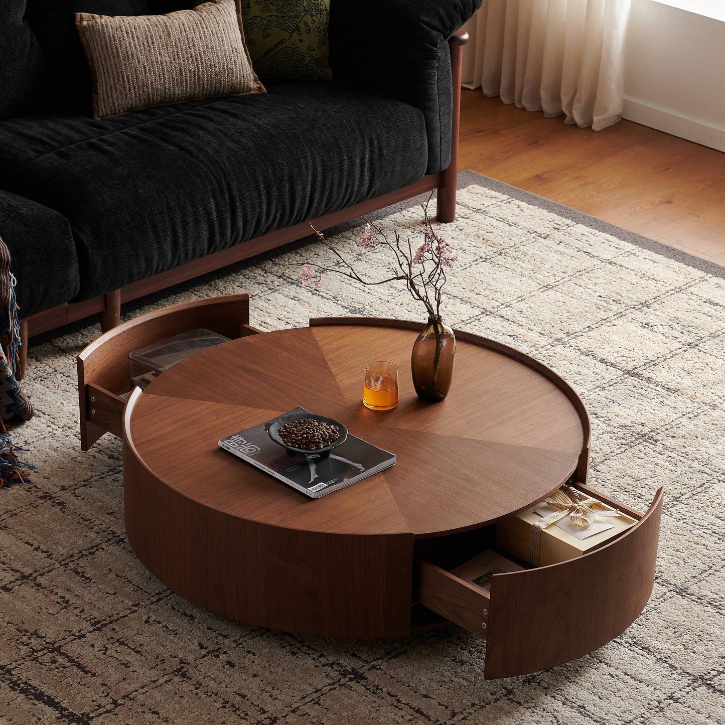 Bezzze coffee tables, circular walnut design, suitable for living rooms, walnut material, suitable for bedrooms, living rooms, and offices
