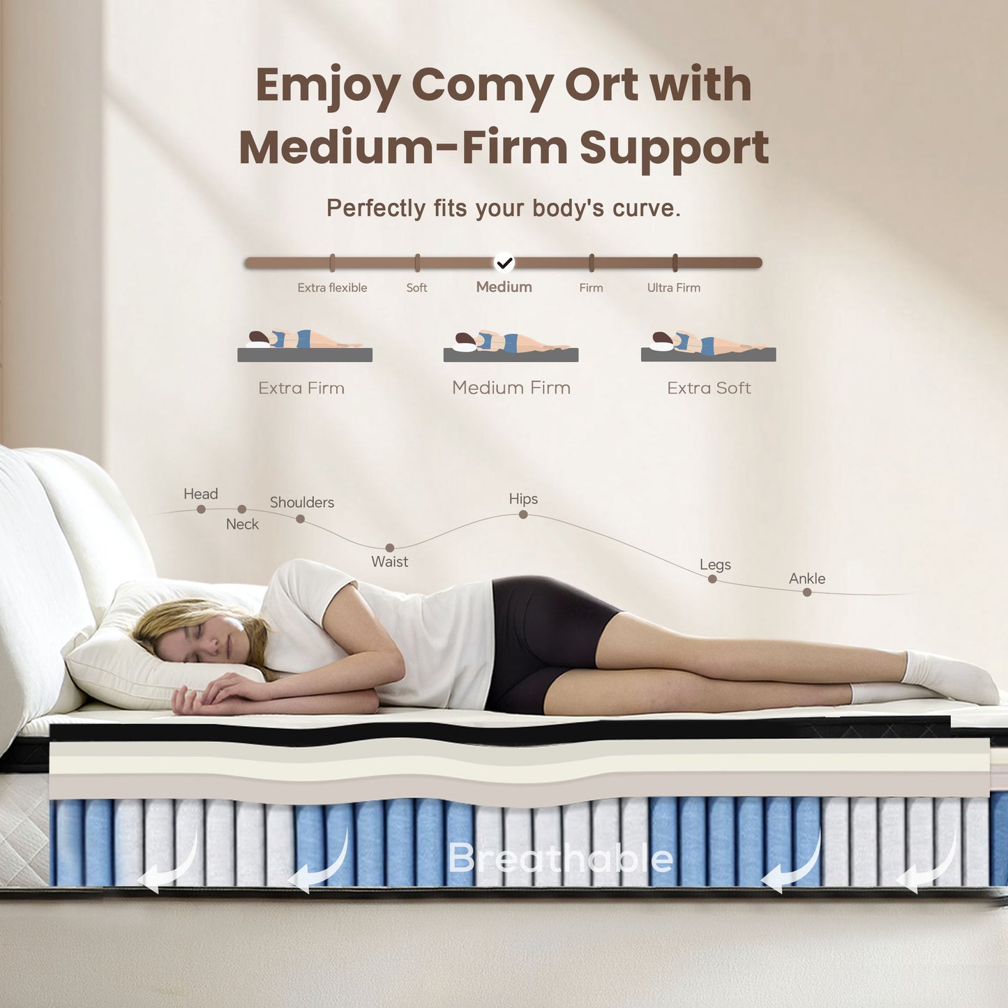 Bezzze 10-12 Inch Queen Size Mattress - CertiPUR-US Certified Hybrid Memory Foam for Back Pain Relief, Medium Firm Support & Motion Isolation