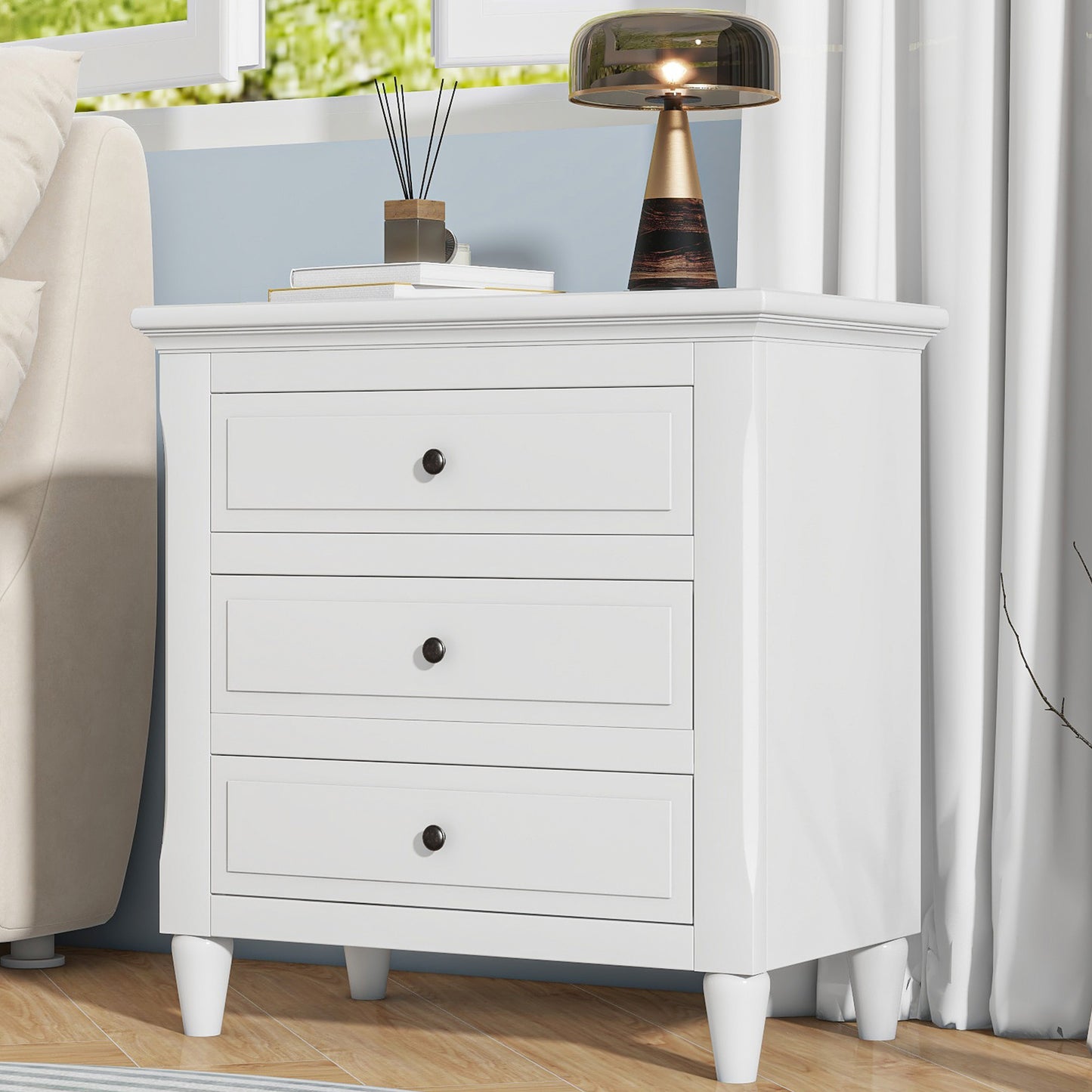 Bezzze 28''painted Nightstand with 3 Drawers and Smooth Gliding Rails ,Simple Bedside Cabinet with Metal handle, Minimalist Sofa Side Table with rubber legs for Bedroom Sofa Couch Office