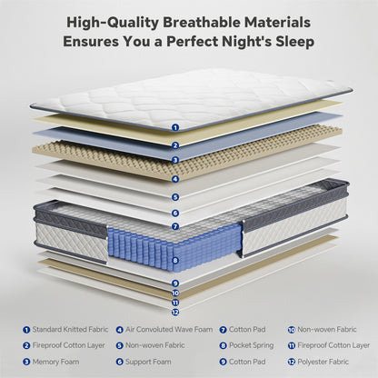 Bezzze Twin/Full/Queen/King Size Mattress, Hybrid Mattress Bed in a Box, Individually Pocket Springs & Breathable Memory Foam, Medium Firm, CertiPUR-US Certified