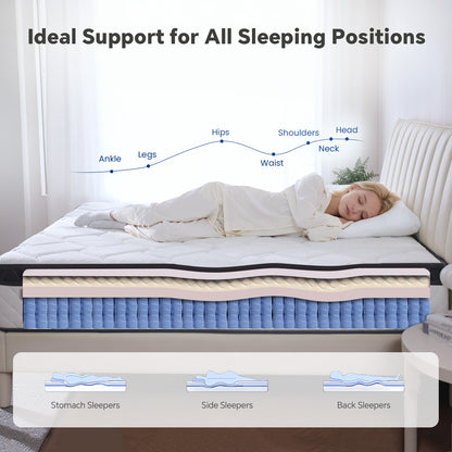 Bezzze Twin/Full/Queen/King Size Mattress, Hybrid Mattress Bed in a Box, Individually Pocket Springs & Breathable Memory Foam, Medium Firm, CertiPUR-US Certified