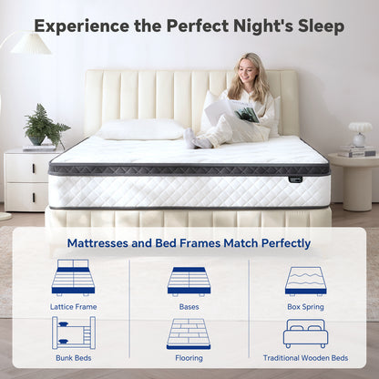 Bezzze Twin/Full/Queen/King Size Mattress, Hybrid Mattress Bed in a Box, Individually Pocket Springs & Breathable Memory Foam, Medium Firm, CertiPUR-US Certified