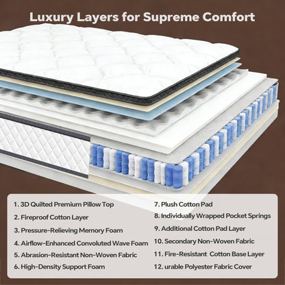 Bezzze Hybrid Mattress, Individually Wrapped Pocket Springs & Breathable Memory Foam, Medium Firm, CertiPUR-US Certified, Mattress in a Box