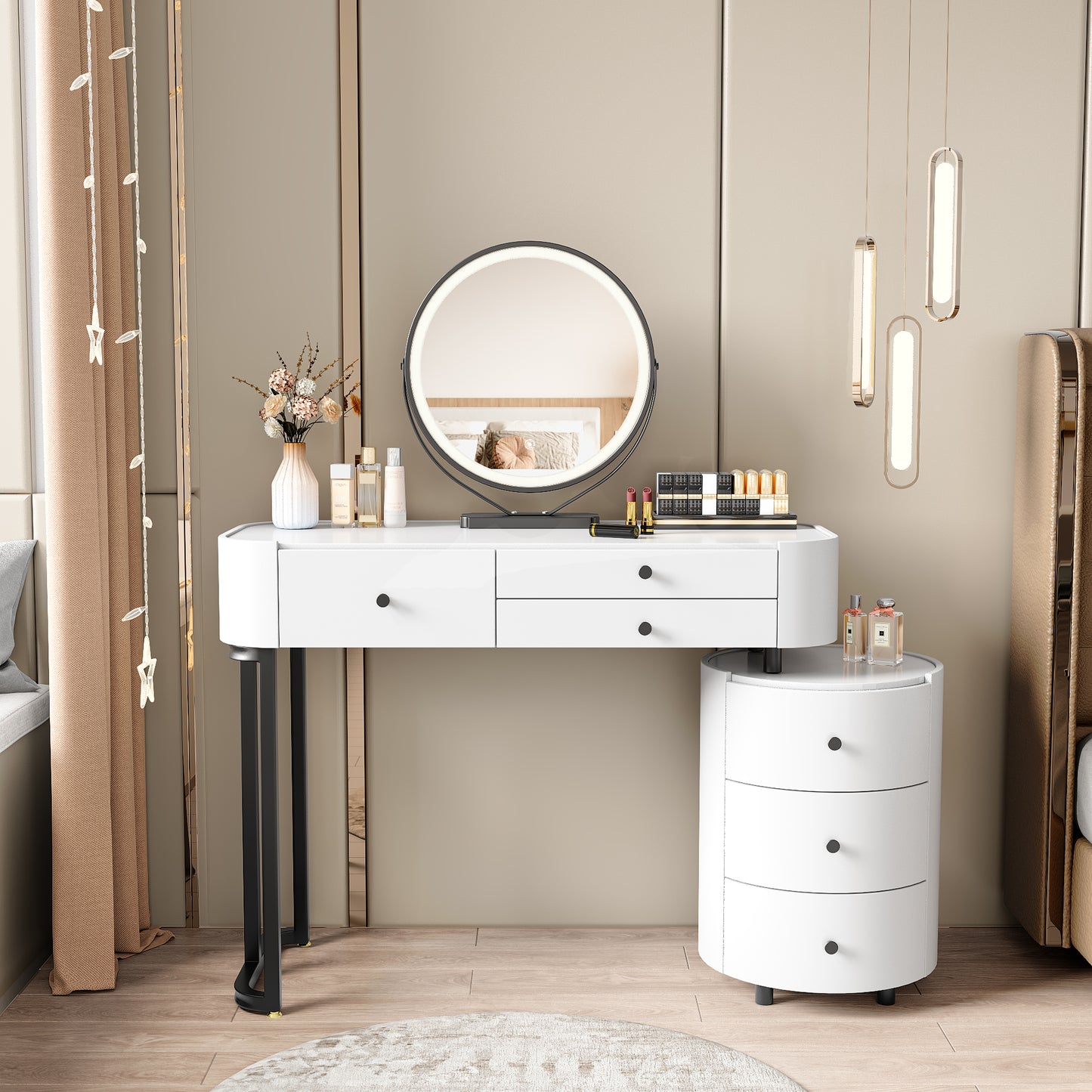 Bezzze Modern Minimalist Dressing Table with Detachable Mirror and Rotatable Side Cabinet Makeup Table, Easy Assembly Vanity