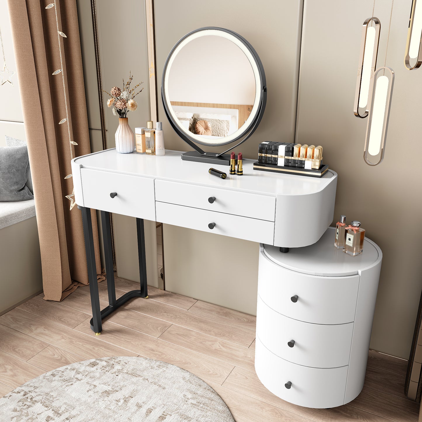 Bezzze Modern Minimalist Dressing Table with Detachable Mirror and Rotatable Side Cabinet Makeup Table, Easy Assembly Vanity