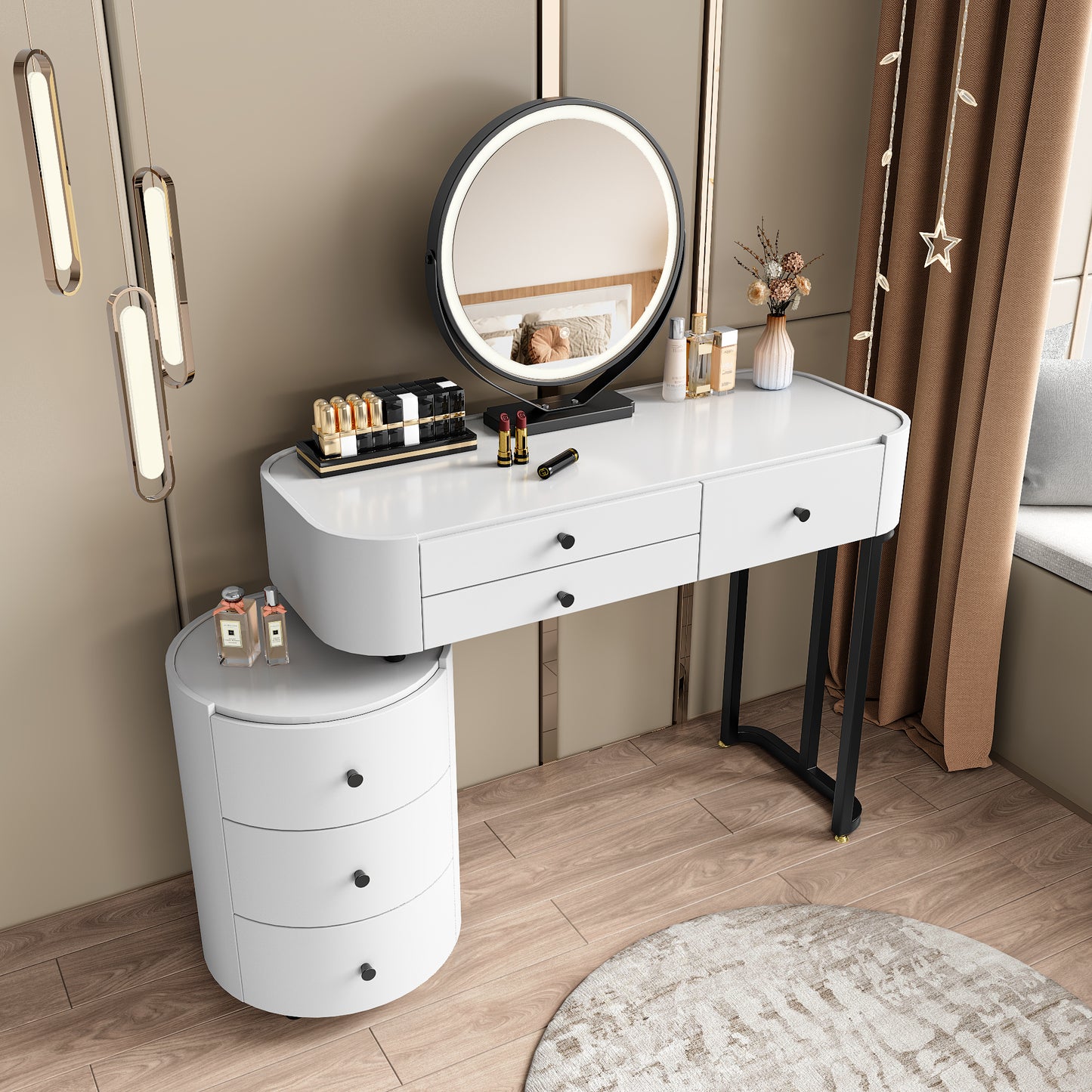 Bezzze Modern Minimalist Dressing Table with Detachable Mirror and Rotatable Side Cabinet Makeup Table, Easy Assembly Vanity