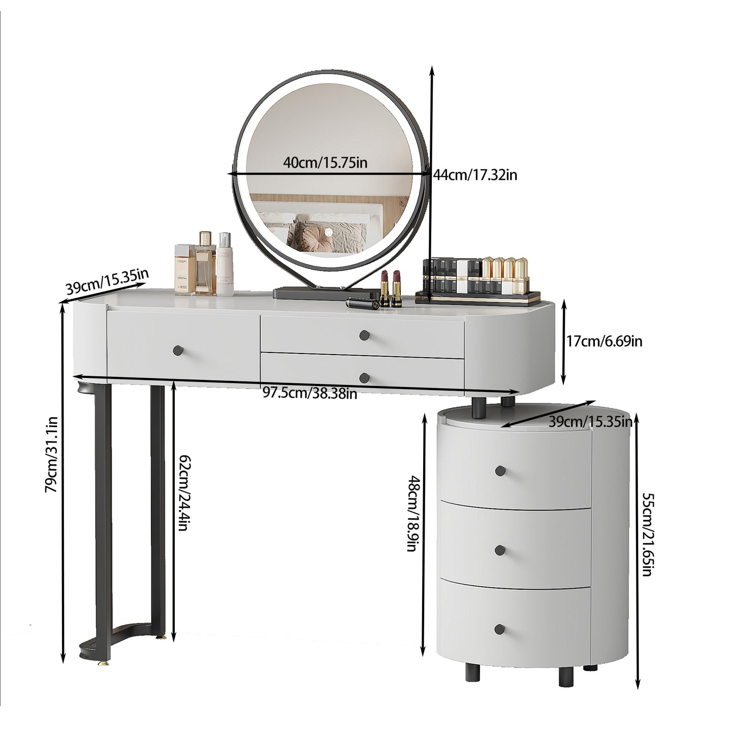 Bezzze Modern Minimalist Dressing Table with Detachable Mirror and Rotatable Side Cabinet Makeup Table, Easy Assembly Vanity