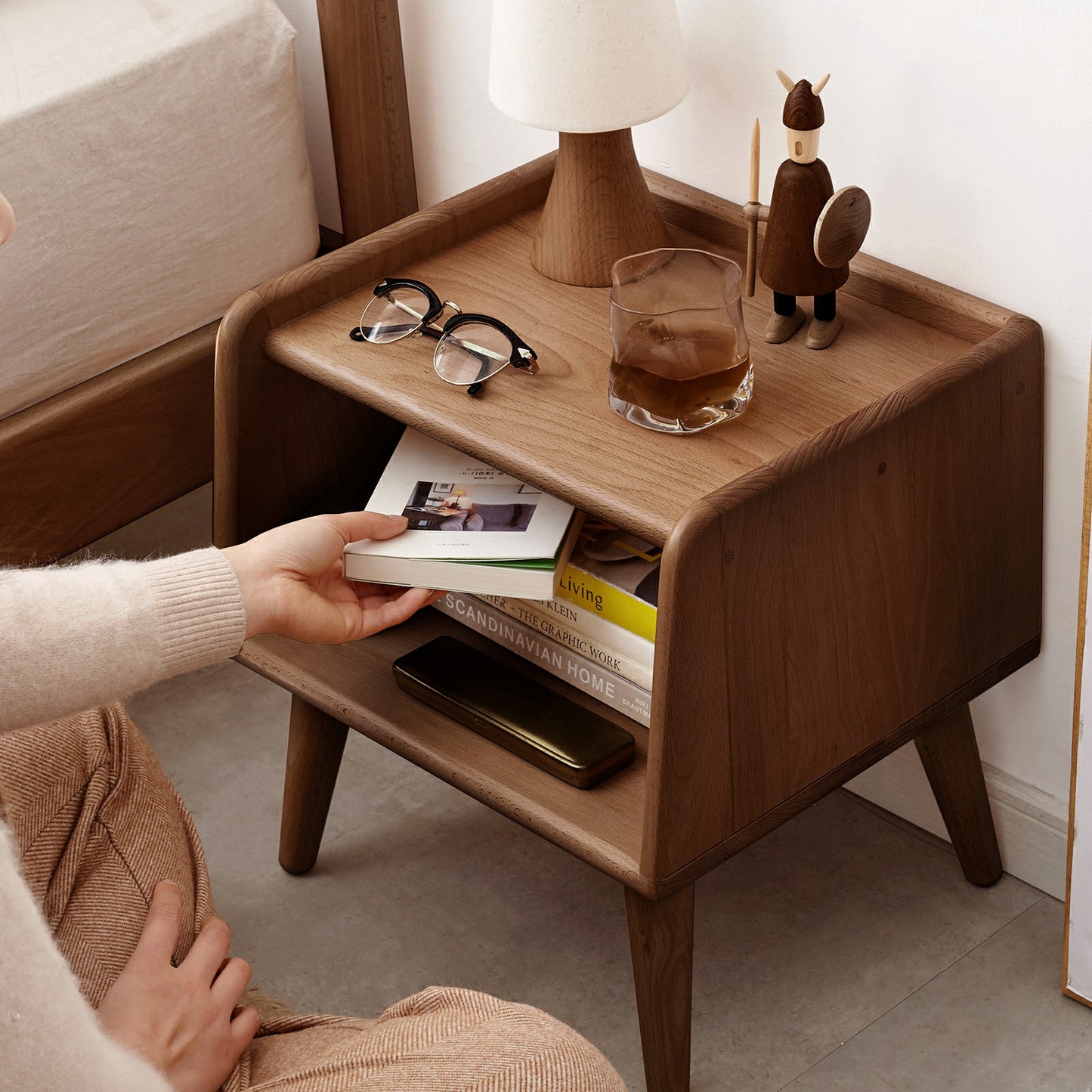 Bezzze Solid Wood Bedside Cabinet Modern Simple Nightstands Nordic Bedroom Solid Beech Storage Cabinet