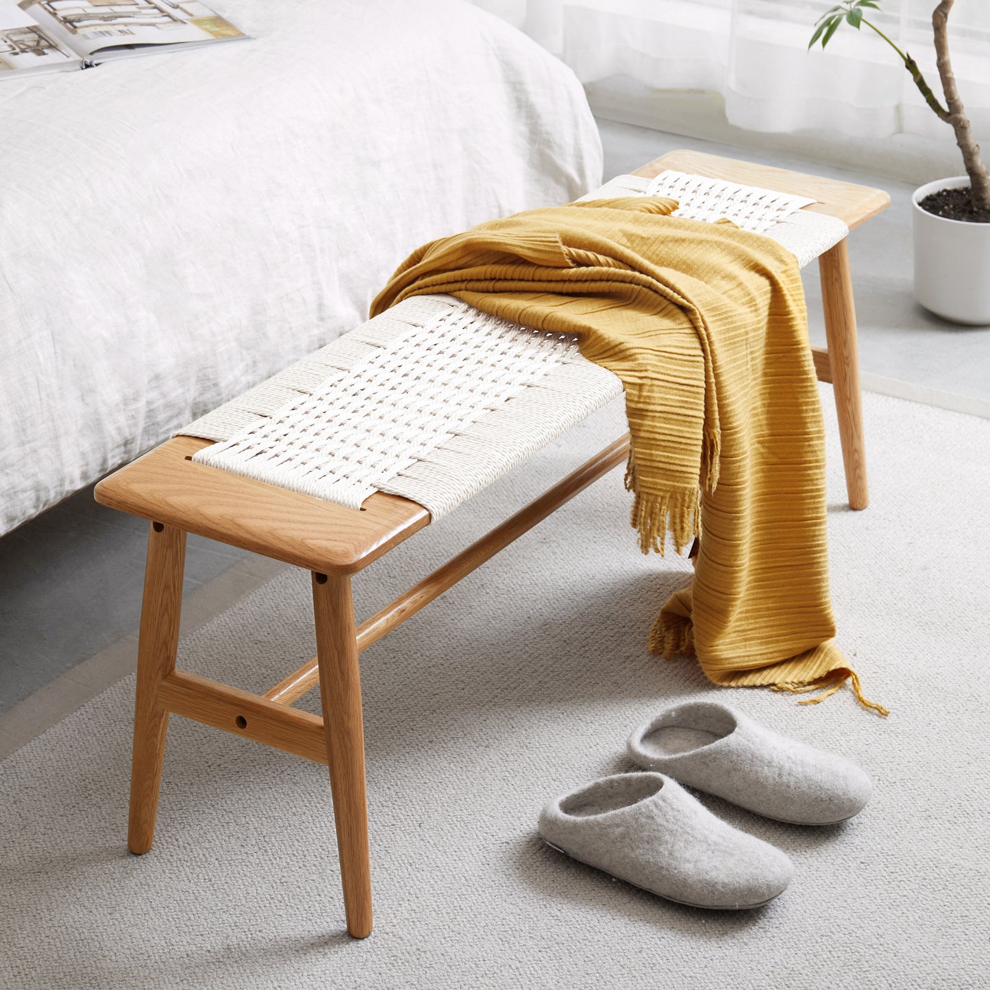 Bezzze Natural Oak Wood Bench for Bedroom End of Bed