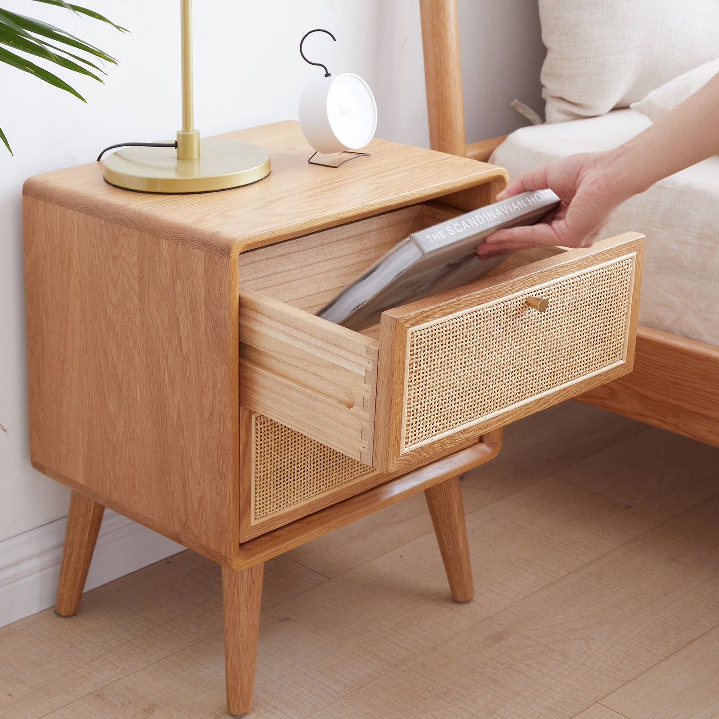 Bezzze Mid Century Modern Nightstands, Bedside Table with Rattan Decor Drawer, Boho End Table with Storage & Solid Wood Legs for Bedroom