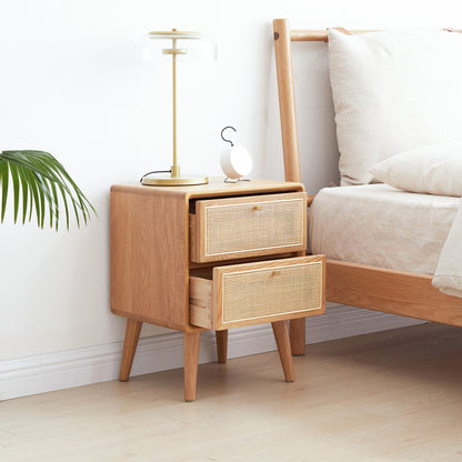 Bezzze Mid Century Modern Nightstands, Bedside Table with Rattan Decor Drawer, Boho End Table with Storage & Solid Wood Legs for Bedroom