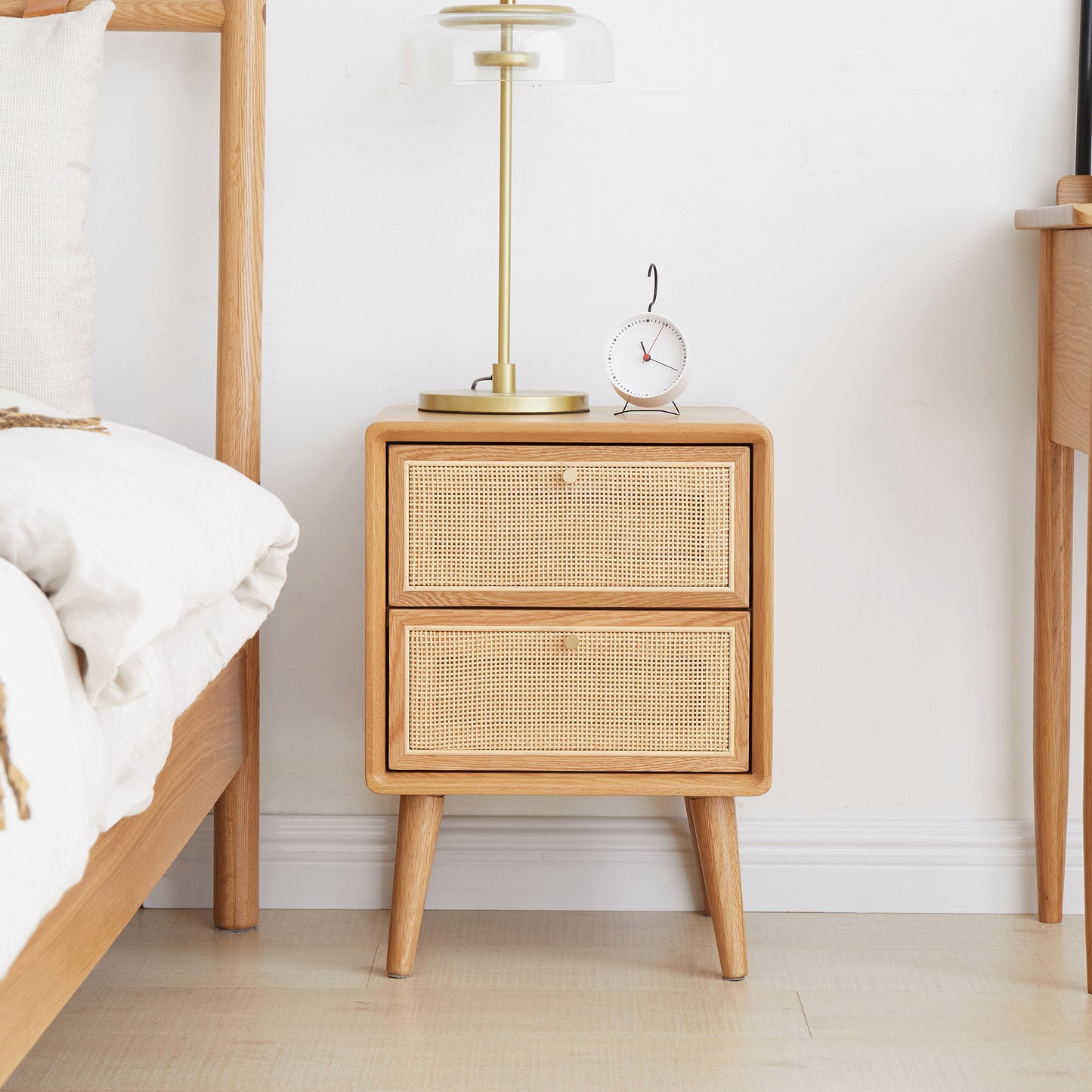 Bezzze Mid Century Modern Nightstands, Bedside Table with Rattan Decor Drawer, Boho End Table with Storage & Solid Wood Legs for Bedroom