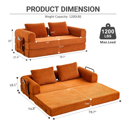 Oversized Plush “79'' 5-in-1 Boneless Convertible Sleeper Sofa Bed & loft bed | Ultra Soft Corduroy Cloud Couch with Huge Side Pocket | 4 Versatile Modes for Small Spaces - Guest Ready in Seconds & No Assembly!