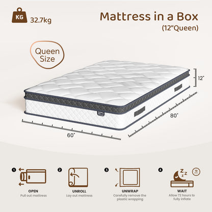 Bezzze Twin/Full/Queen/King Size Mattress, Hybrid Mattress Bed in a Box, Individually Pocket Springs & Breathable Memory Foam, Medium Firm, CertiPUR-US Certified