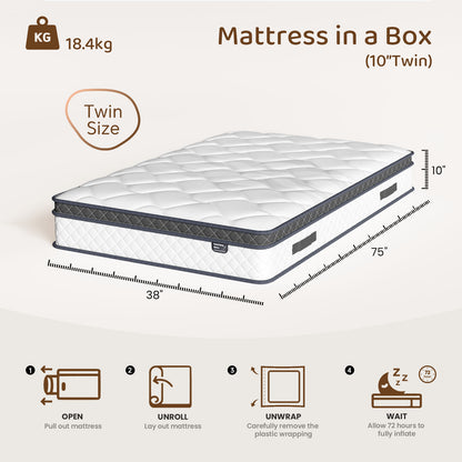 Bezzze Twin/Full/Queen/King Size Mattress, Hybrid Mattress Bed in a Box, Individually Pocket Springs & Breathable Memory Foam, Medium Firm, CertiPUR-US Certified