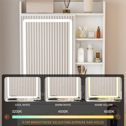 Bezzze Small Makeup Vanity Desk with Mirror & Adjustable LED Lights,Built-in Power Outlet & Hidden Storage, Includes padded stool & Shelf,Space-Saving Dressing Table for Small Bedrooms,White