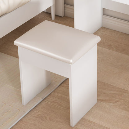 Modern Mini Dressing Table with LED-lit Mirror & Hidden Storage,Includes Padded Stool,Adjustable Brightness Vanity Desk,Multi-tier Dust-proof Shelves,White